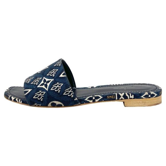 Louis Vuitton Monogram Denim Flat Slide Sandals Blue Logo Print 37 - Picture 1 of 8